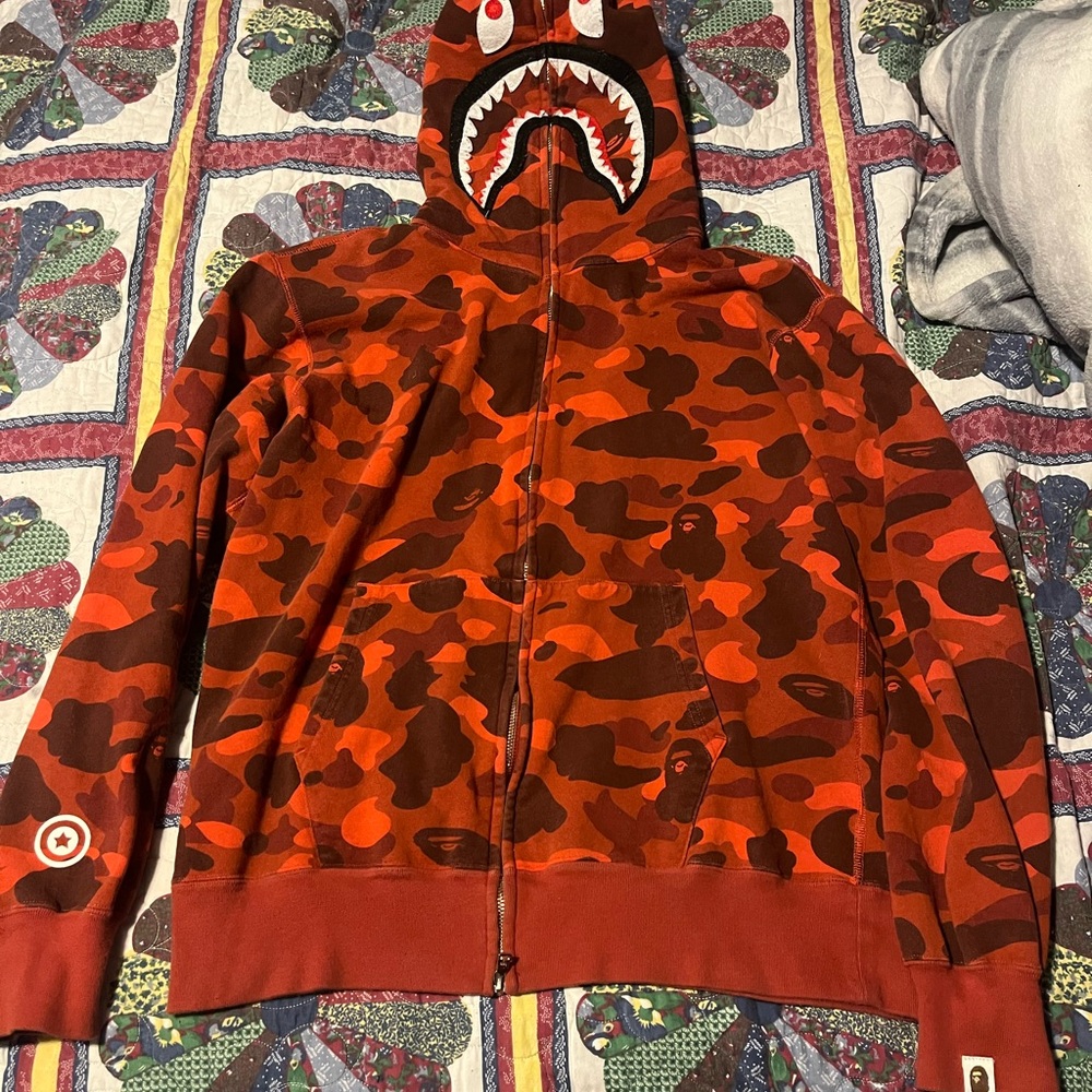 Bape Red Camo Shark Full Zip Up Hoodie